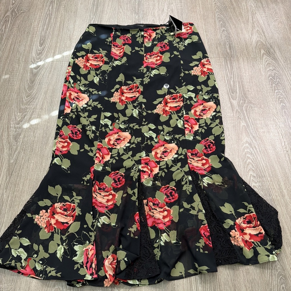 Lane Bryant Skirt 16 Black Floral Chiffon & Lace Lined Ruffle New $60 Roses